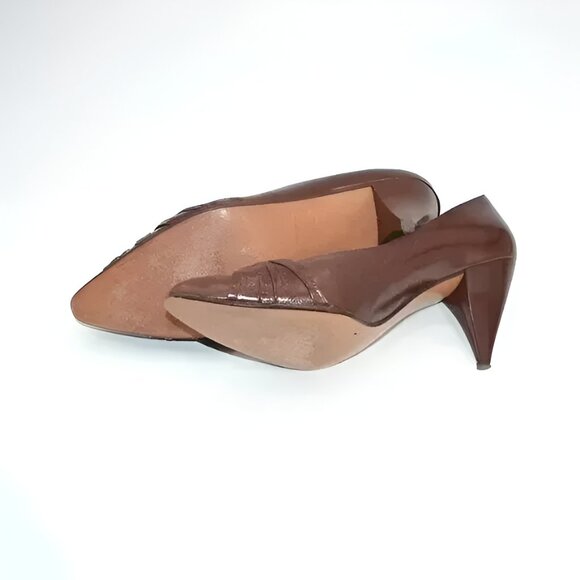 Palizzio Spanish Brown-Burgundy Leather Structured Twist Cone Pumps Heels 9 - Picture 12 of 13